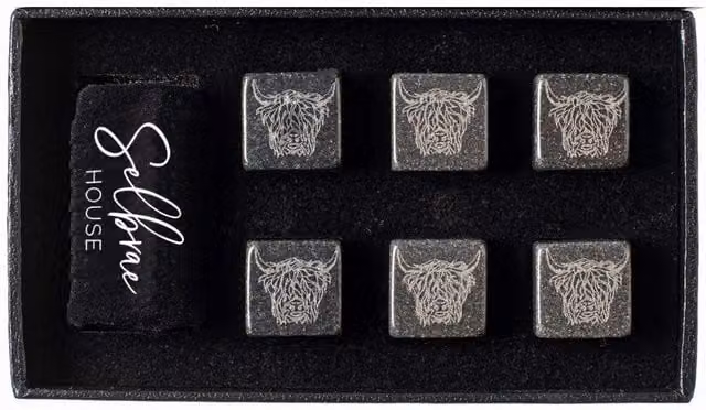 Selbrae House Set of 6 Engraved Highland Cow Whisky Stones in Grey and Black