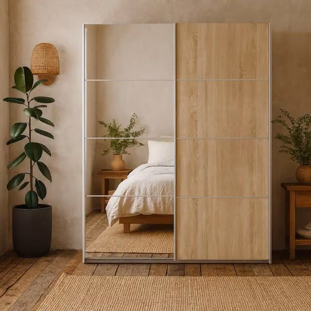 Wyld Haus Bordeaux Sliding Door Wardrobe in Natural Oak and White with Mirror Effect, W/D/H: 180 x 59 x 200.4 cm – 1