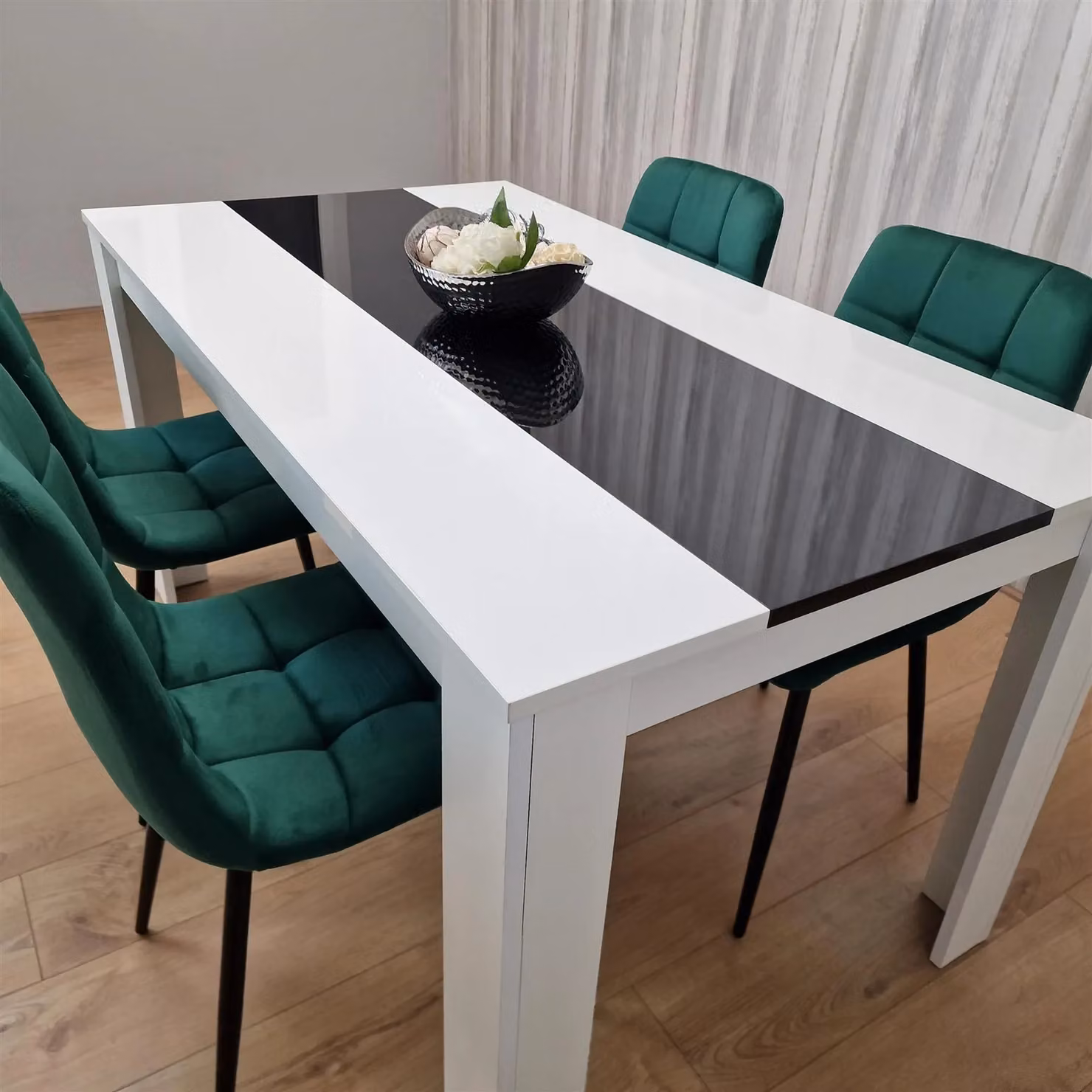 Kosy Koala Dining Table and 4 Green Velvet Chairs Set in Brown with White and Black Rectangular Table – 2