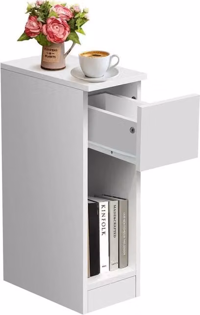 Nordara White Slim Wood Bedside Table with Shelf and Drawer – 1