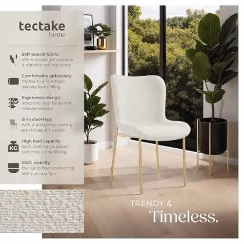tectake Tessa Scandinavian Style Bouclé Dining Chair in White and Gold – 3