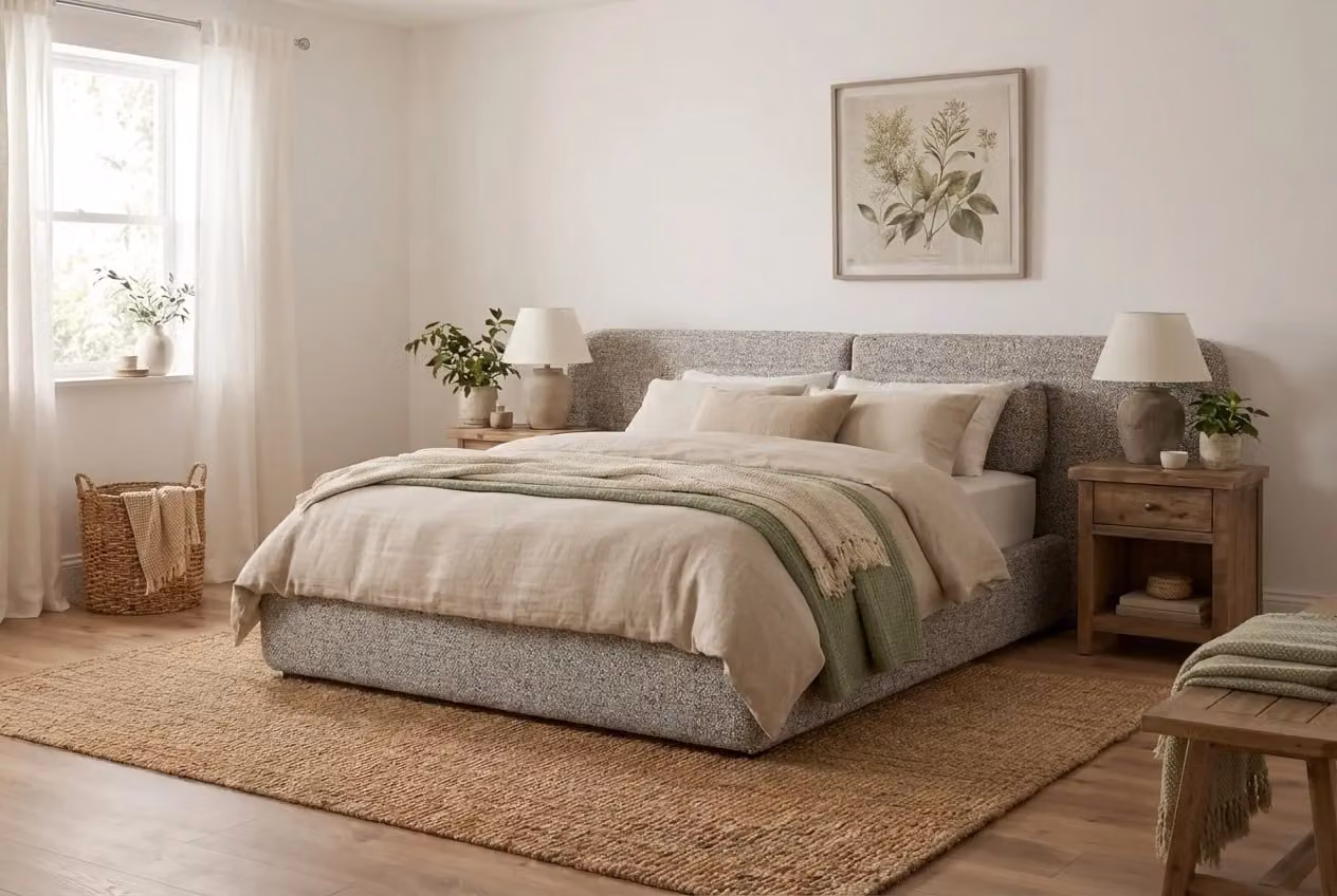 Araco Atelier Nova Speckle Upholstered Bed in Beige and Grey