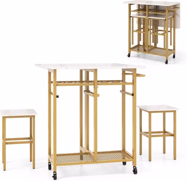 COSTWAY Modern Extendable Square Kitchen and Dining Room Table and Chair Set with Marble Effect Top in White