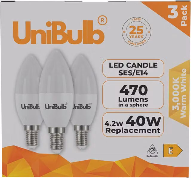 UniBulb LED Candle E14 SES Taper Bulb, 4.2W, 470lm, 3000K Warm White, Pack of 3