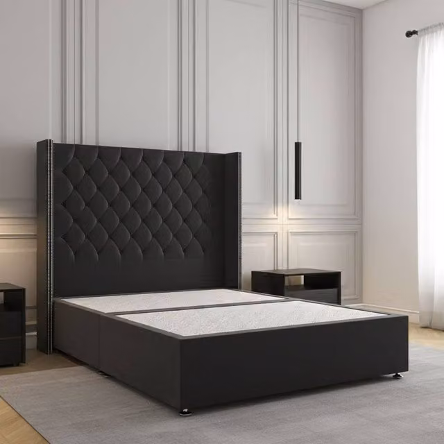 Regional Furnishings Luxury Super King Divan Bed with 54 inch Plush Velvet Headboard in Black, W/D/H: 200 x 200 cm