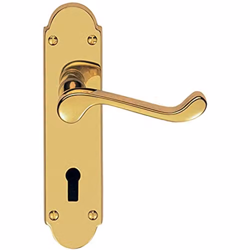 Loops Pair Victorian Upturned Handle on Lock Backplate in Polished Brass, W: 170 mm, H: 42 mm