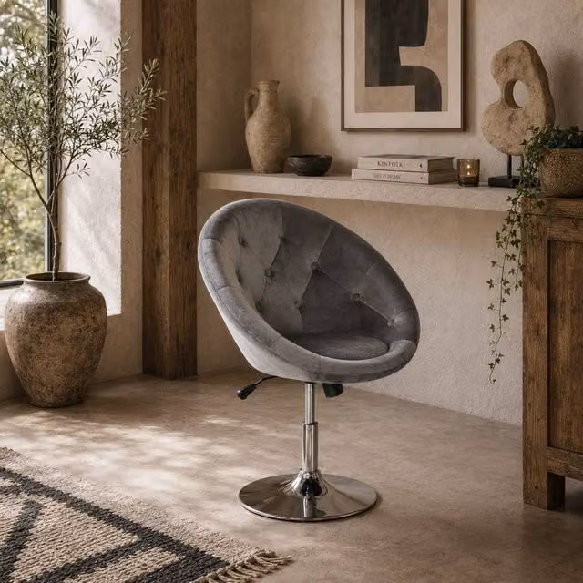 Wyld Haus Grey Velvet Feel Adjustable Swivel Vanity Stool with Tufted Seat – 1