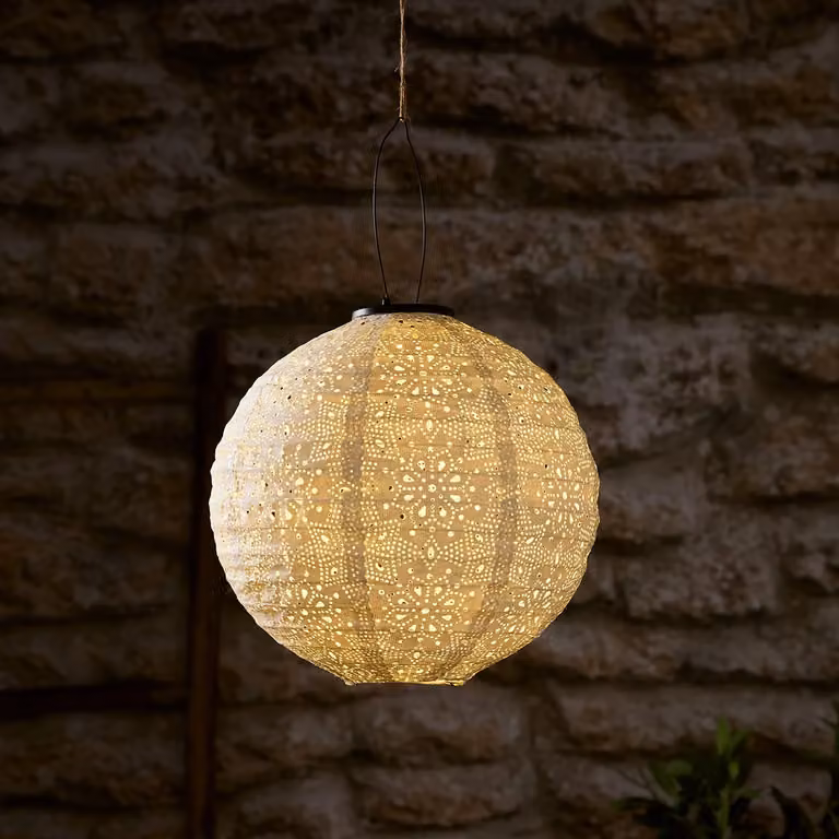 Lights4fun White Tyvek Moroccan Hanging Solar Lantern, Diameter: 30 cm