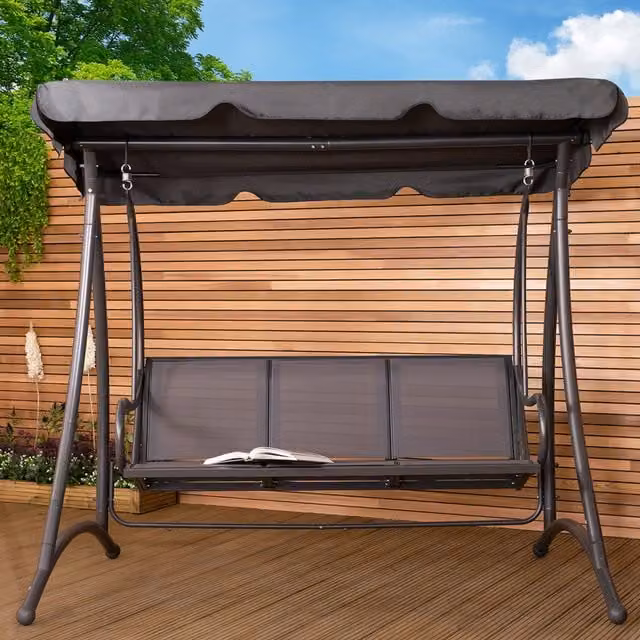 Charles Bentley 3 Seater Modern Swing with Sun Canopy in Grey