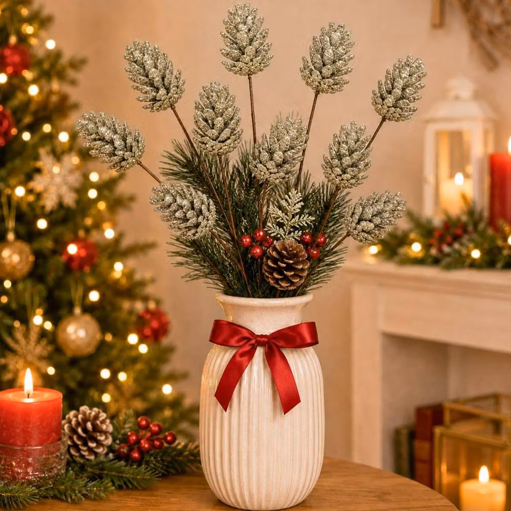 Shatchi Gold Glitter Champagne Pine Cone Christmas Picks, 18 Pack, Length: 58 cm – 2