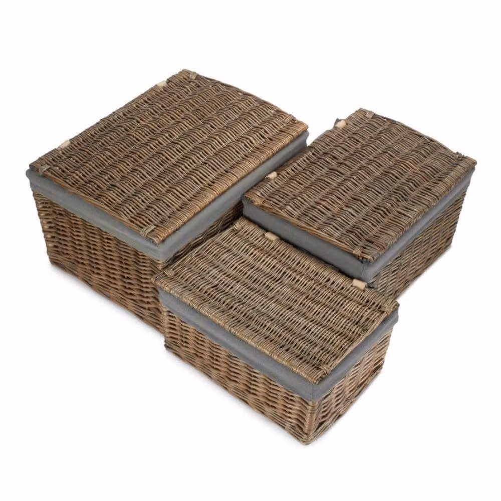 Red Hamper Set of 3 Small Antique Wash Cotton Lined Storage Baskets in Grey and Red, W/D/H: 37.0 x 25.0 x 19.0 cm – 2