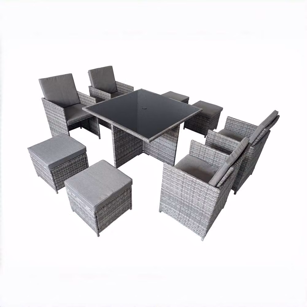 FURNITURE ONE Cube 9 Piece Grey Polyrattan Garden Dining Set with Glass Table and Cushions – 3