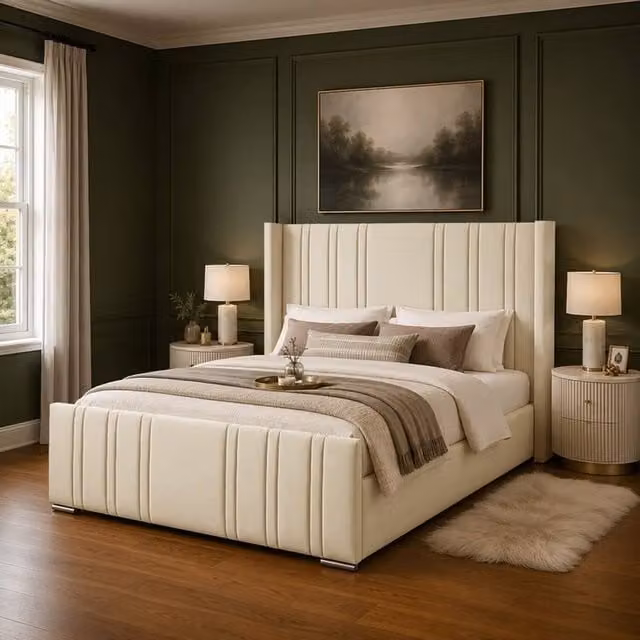 Desire Deco Luxury Gerald Wingback Upholstered Bed Frame in Beige, W/D/H: 120 x 200 cm – 1