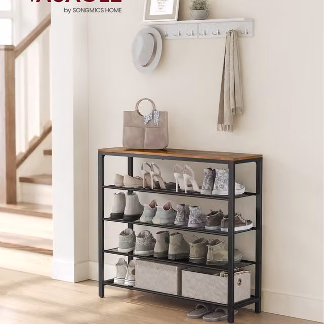 VASAGLE Industrial 4-Tier Shoe Rack with Mesh Shelves in Black and Brown