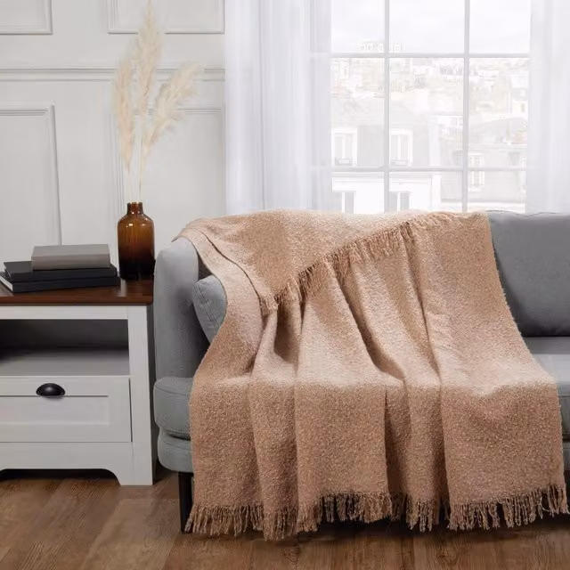 Highams Luxury Faux Mohair Throw Blanket with Fringes in Brown