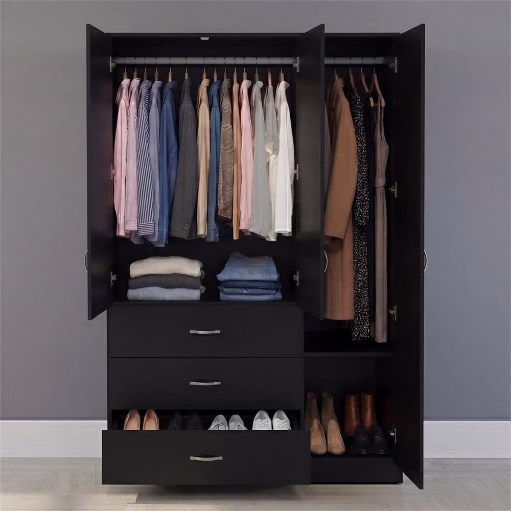 FORGEVIO Black Modern Wide Wardrobe with 3 Internal Drawers and Mirror on Door – 1