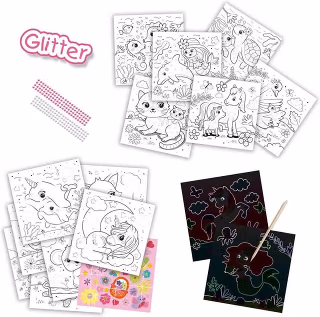 SES 3 in 1 Pink Glitter Activity Colouring and Drawing Book