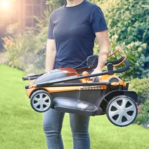 LawnMaster MX 24V Orange Cordless Lawnmower with 41cm Cutting Width, Spare Battery, Collection Bag and Mulching Kit – 2
