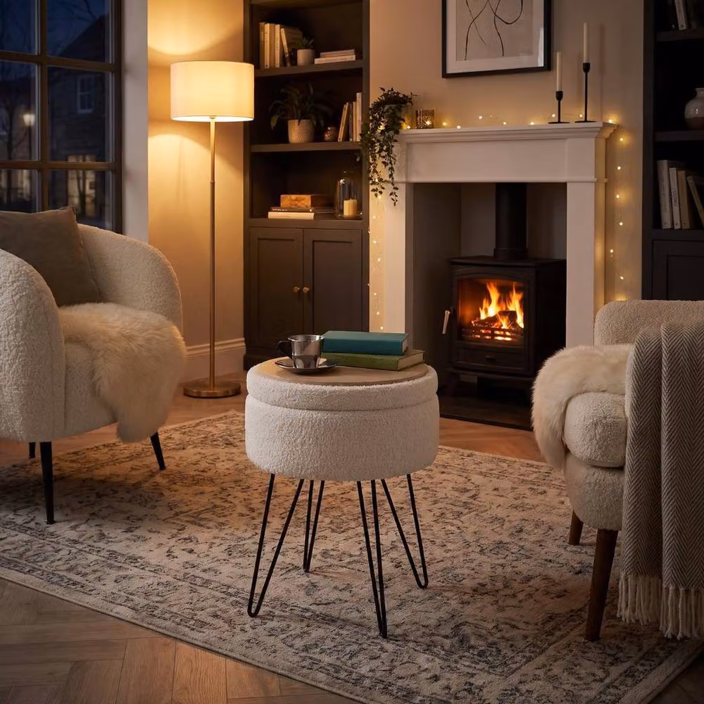 Home Luxe Interior Orla White Teddy Storage Footstool - Bouclé Cylindrical Ottoman with Metal Frame – 4