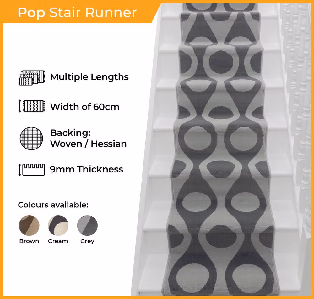 runrug Pop Stair Runner Carpet in Cream, W: 60 cm, L: 600 cm – 2