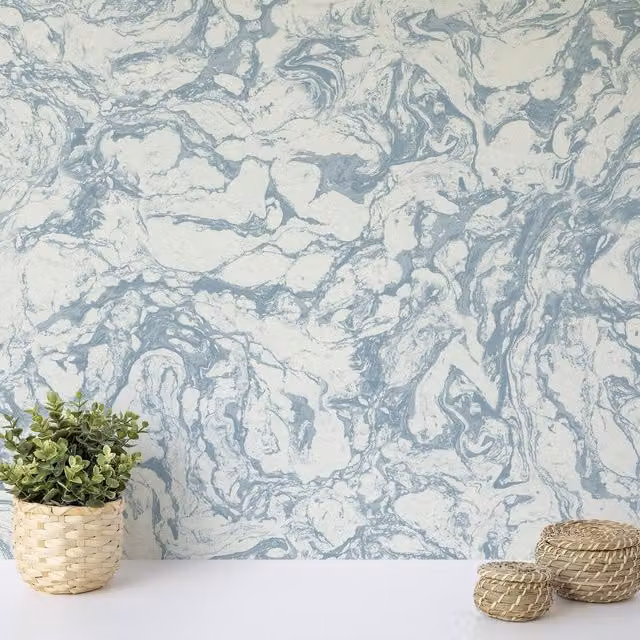Wallquest Abstract Liquid Marble Effect Matt Wallpaper in Blue and White