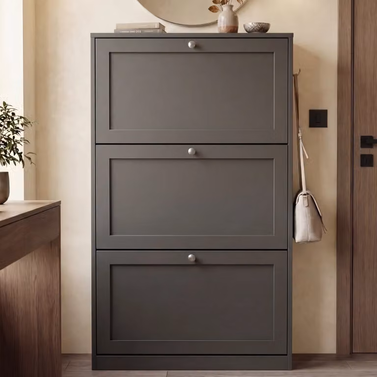 Shaker 3 Drawer Slim Shoe Cabinet in Grey for Hallway Storage