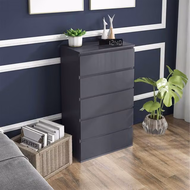 HOMCOM High Gloss Grey Chest of Drawers with Soft Closing Mechanism, W: 100 cm, D: 33 cm
