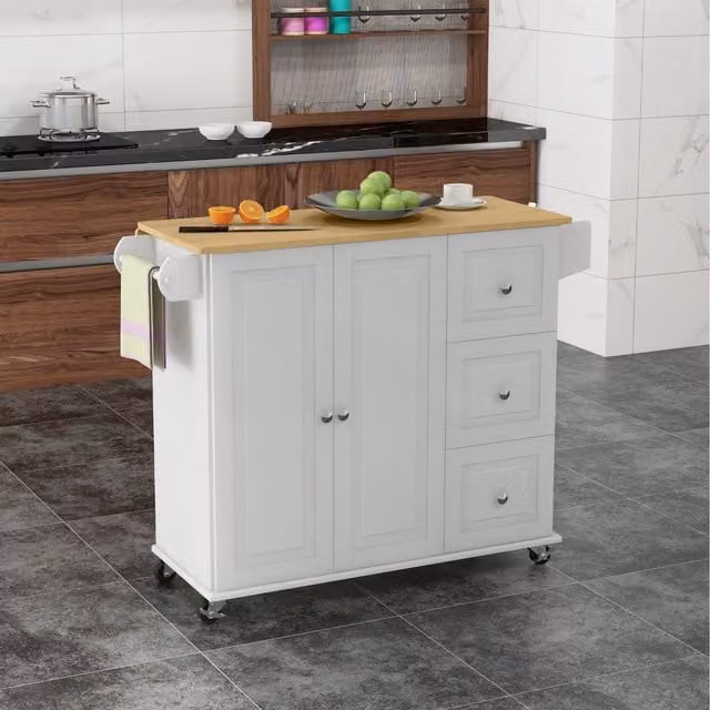 HOMCOM Modern White Kitchen Island on Wheels with Drop Leaf and Rubberwood Construction