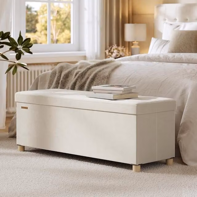 The Bazaarist Velvet Ottoman Bench with Hidden Storage in Cappuccino Beige