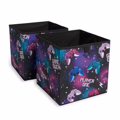 OHS Set of 2 Fabric Gaming Print Collapsible Storage Boxes in Black and Multicolour, W/D/H: 27 x 27 x 27 cm