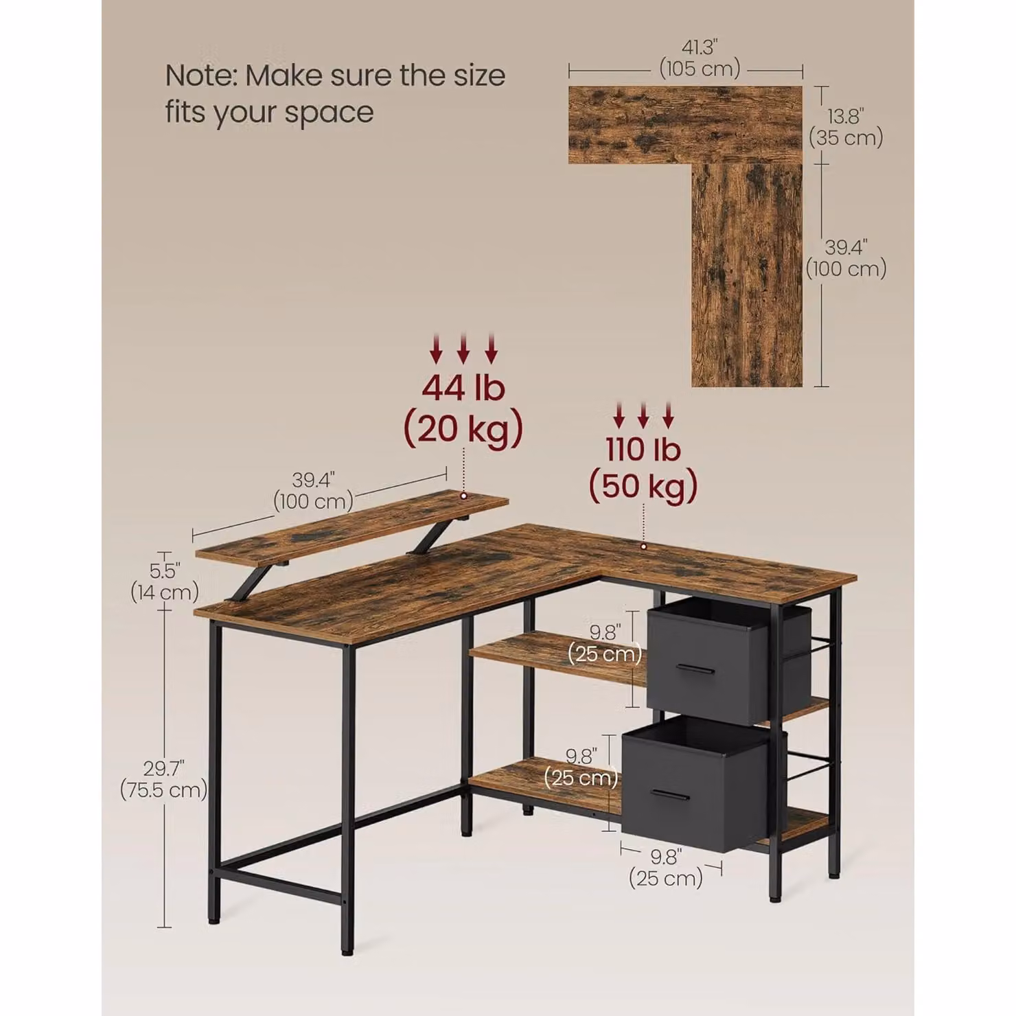 VASAGLE L-Shaped Gaming Desk with 2 Drawers and Monitor Stand in Brown – 2