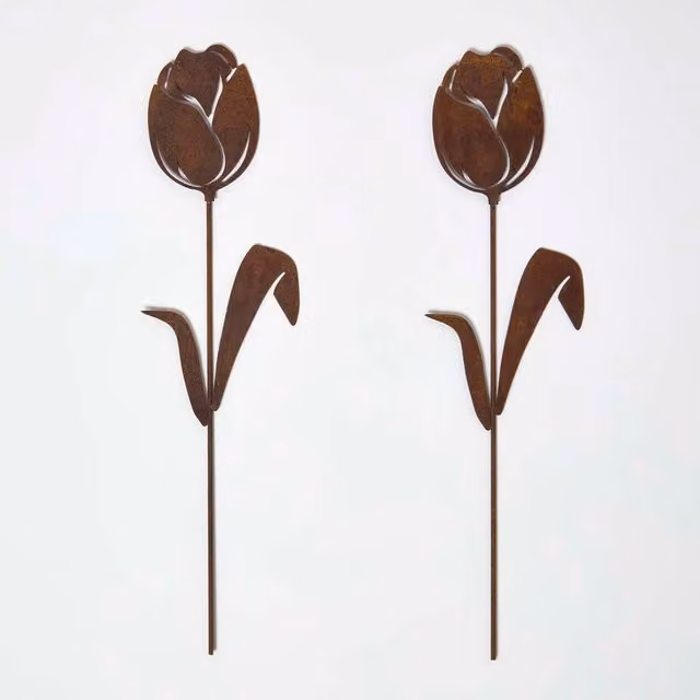 Homescapes Steel Tulip Garden Stake Decorations, Set of 2, Brown
