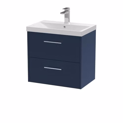 Balterley Wall Hung Bathroom Vanity Unit with Basin and 2 Soft Close Drawers, Midnight Blue, W: 61.0 cm, D: 39.5 cm, H: 58.9 cm