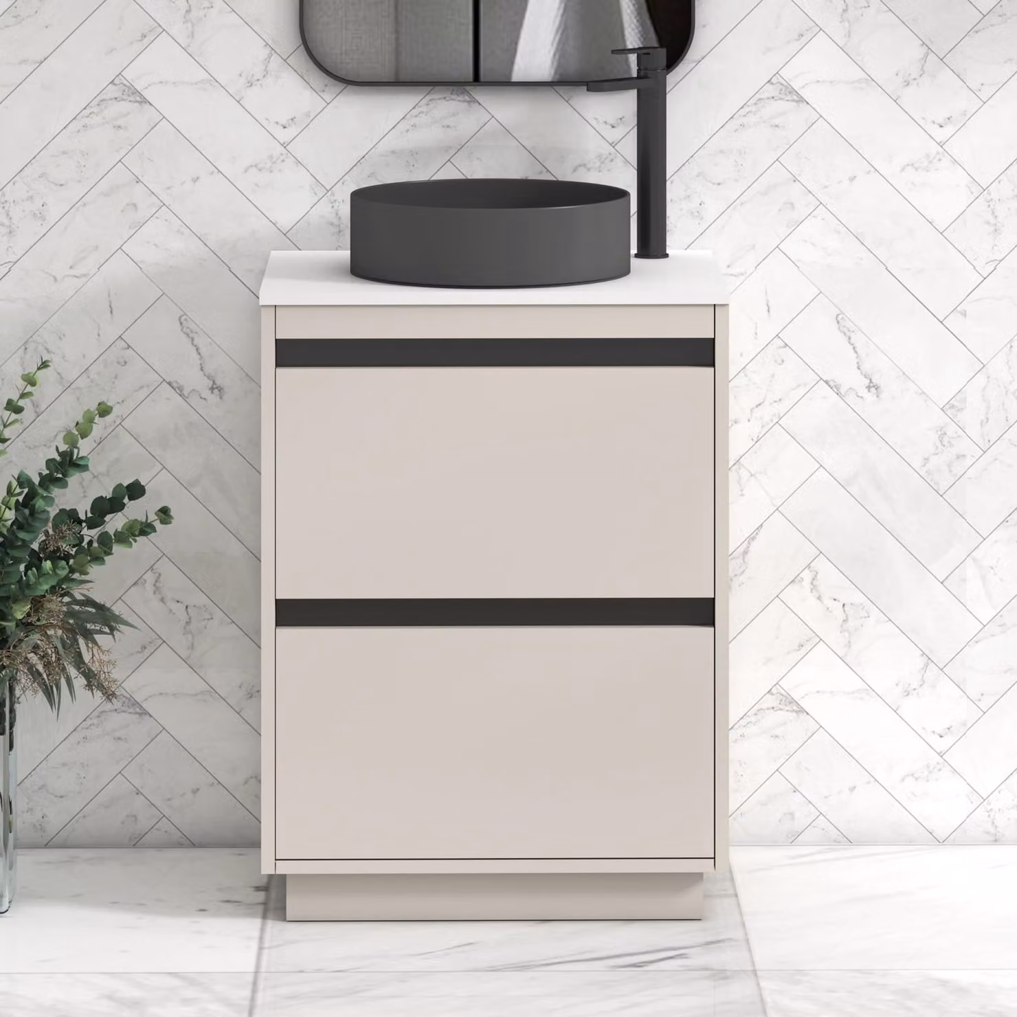 Royal Bathrooms Orion 600mm Warm Taupe Floor Standing 2 Drawer Vanity Unit with White Art Round Basin and Black Accent Trim