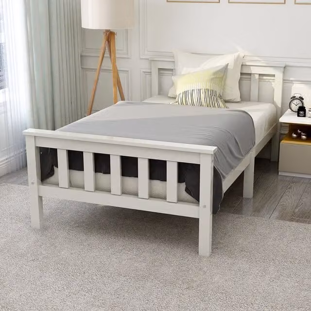 AKA White Lacquered Solid Pine Single Bed Frame W/D/H: 90 x 190 x 91.44 cm