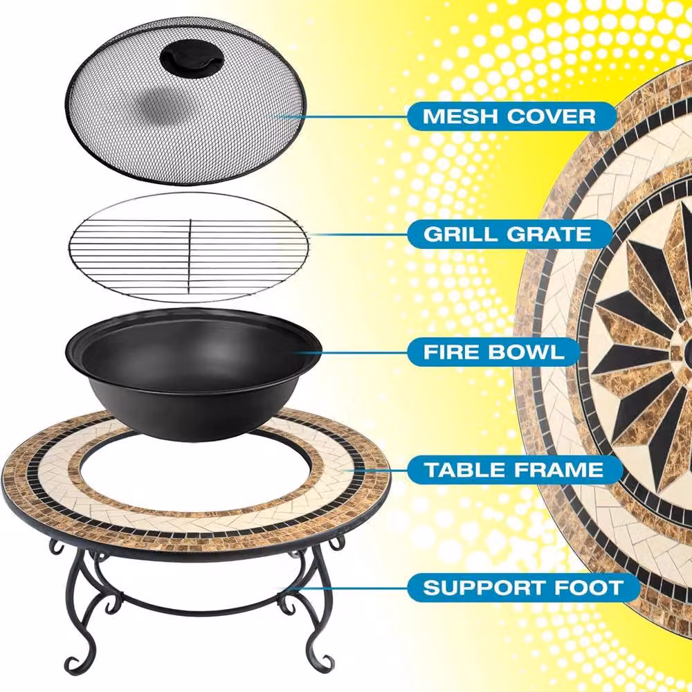 Centurion Supports TOPANGA Multi-Functional Garden Fire Pit, Coffee Table, Barbecue and Ice Bucket with Ceramic Tiles in Brown, Black and Multicolour, W/D/H: 80 x 80 x 42 cm – 8