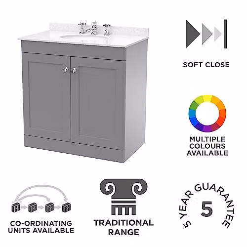 nuie Classique Traditional Bathroom Floor Standing 2 Door Unit with 3 Tap Hole Marble Worktop and Round Basin, Satin Grey and White, W: 800 mm – 2