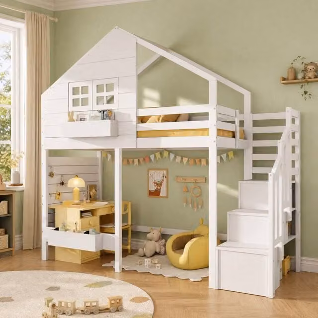 STILVORA White Childrens House Frame Bed with Storage and Stairs, W/D/H: 90 x 190 x 120 cm