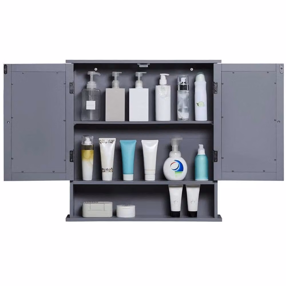 FORGEVIO Modern Grey Wall Mounted Bathroom Mirrored Storage Cabinet with Glass Doors and Internal Shelves – 1