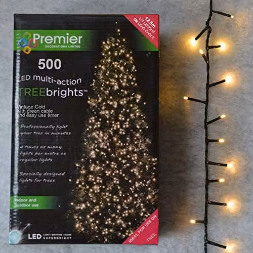 Premier TreeBrights Christmas Tree Lights with Timer, 500 LED Warm White Lights, 12.5m, Vintage Gold