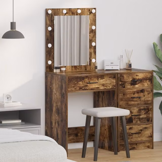 Berkfield Home Smoked Oak Dressing Table with LED Lights, Brown, W/D/H: 50 x 41 x 135 cm