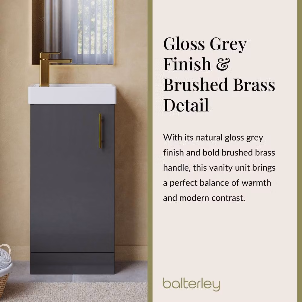 Balterley Gloss Grey Freestanding Floor Standing Vanity Basin with Brushed Brass Handle, Width: 40 cm – 4