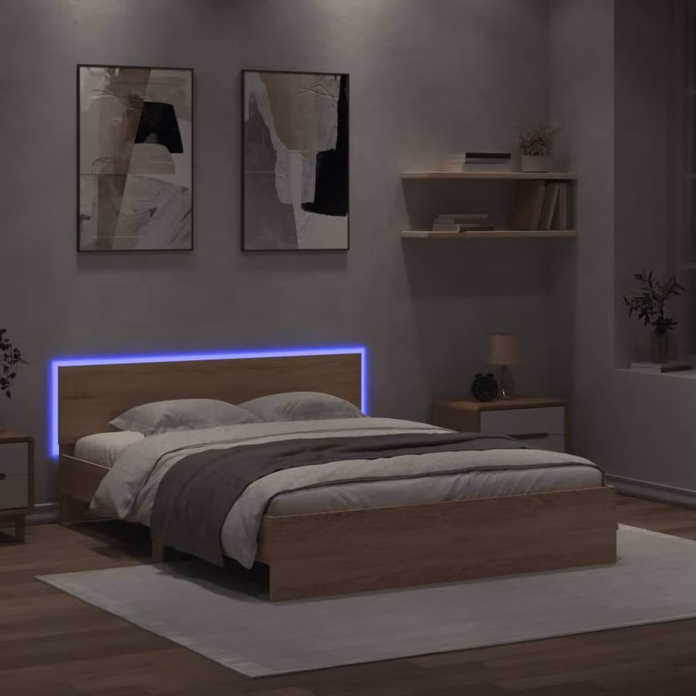 Berkfield Home Sonoma Oak King Size Bed Frame with LED Under-Bed Lighting and USB Charging Port, Brown, W: 150 cm, D: 200 cm – 2