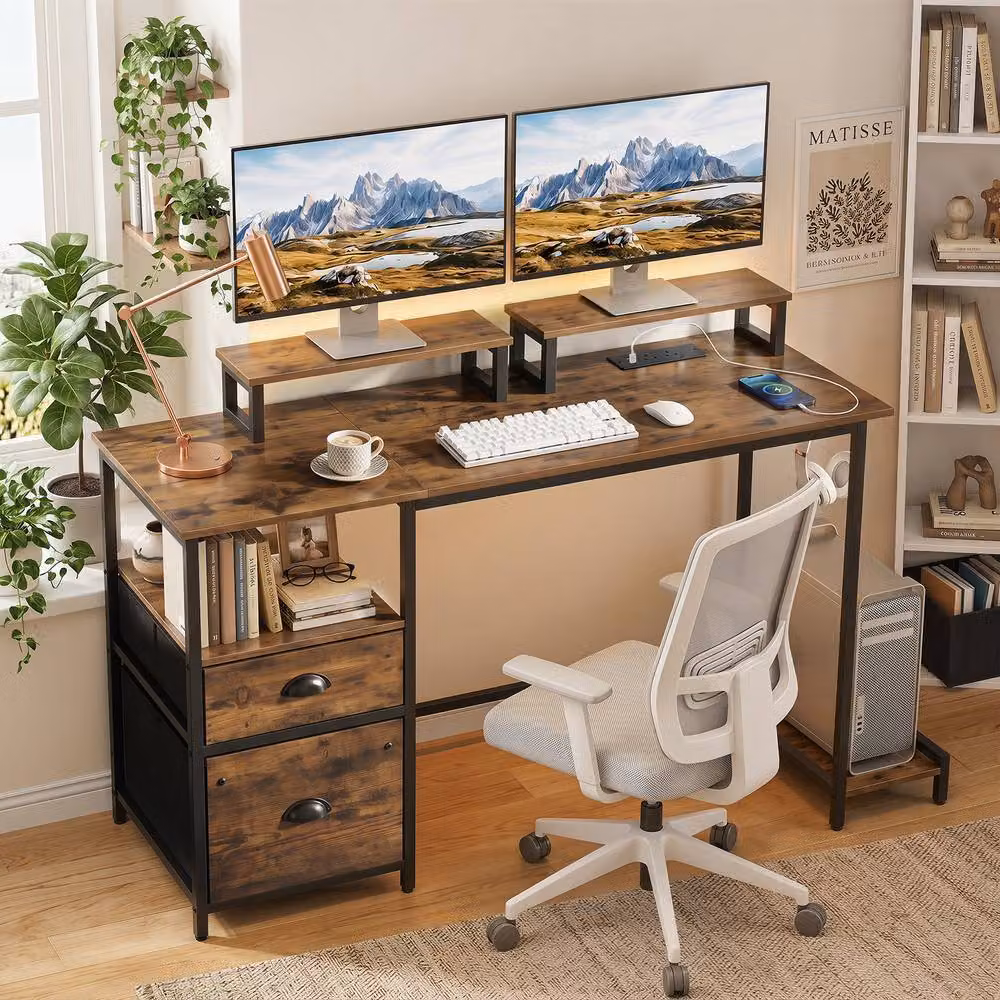 Gymax Industrial Writing Desk with Power Outlets and 2 Monitor Shelves in Brown – 3