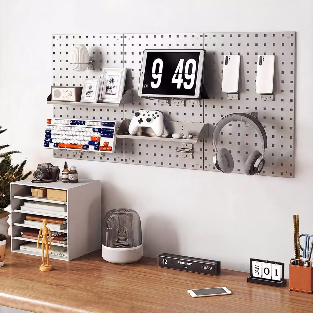 VOGREX Wall-Mounted Metal Pegboard Organizer, 3 Boards, Silver – 5
