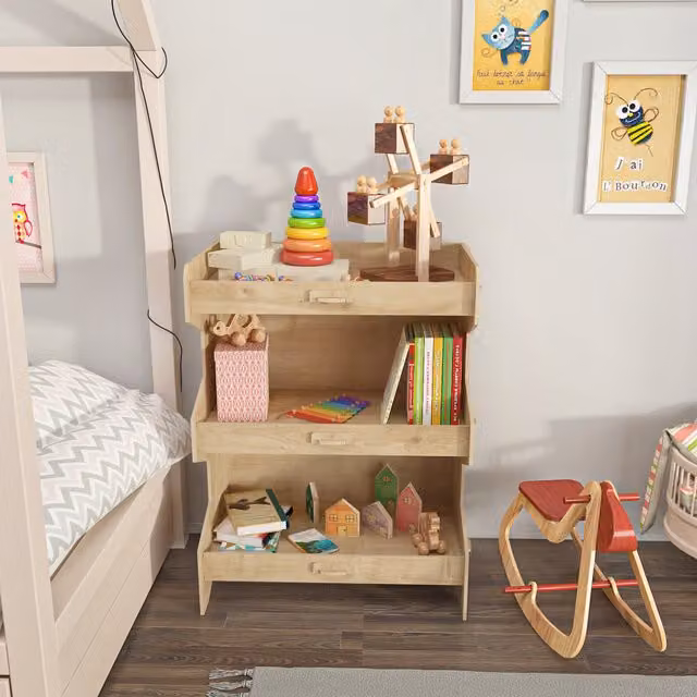 Fesa 3-Tier Montessori Kids Bookshelf in Yellow and Beige Sapphire Oak Pattern