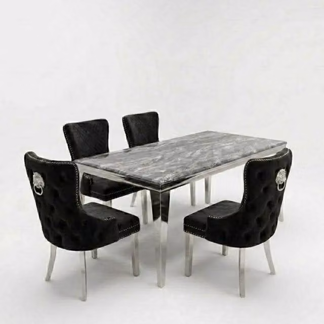 HOME LUXE INTERIOR Sofia Grey Marble Dining Table and 4 Victoria Black and Silver Chairs – 1