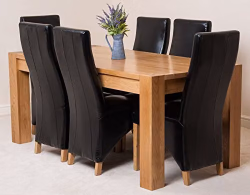 Thats Furniture Kuba Solid Oak Dining Table and 6 Lola Black Leather Chairs Set, W: 180 cm, D: 90 cm, H: 78 cm – 1