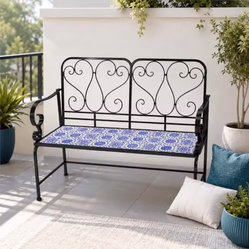 SHATCHI Porto 2 Seater Mosaic Garden Bench with Blue Ceramic Tile Seat and Lacquered Metal Frame, W: 112 cm, H: 96 cm, D: 47 cm – 9