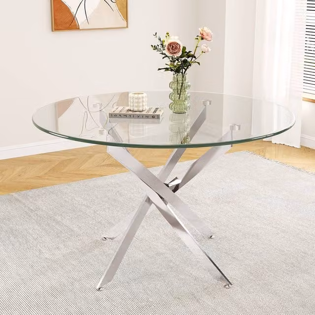 Dprodo Round Tempered Glass Dining Table with Chromed Legs, Silver, Diameter: 90 cm, Height: 75 cm, Pack of 2